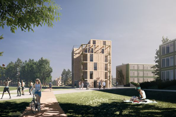 Illustration af nye ungdomsboliger som punkthuse opført i træ. Illustration udarbejdet af JAJA Architechts.